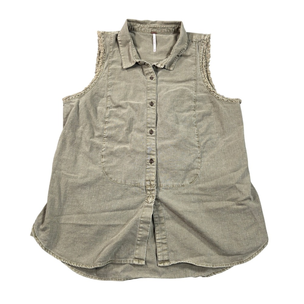 Free People Shirts Womens Medium Green Sleeveless Linen Blend Button Down Frayed